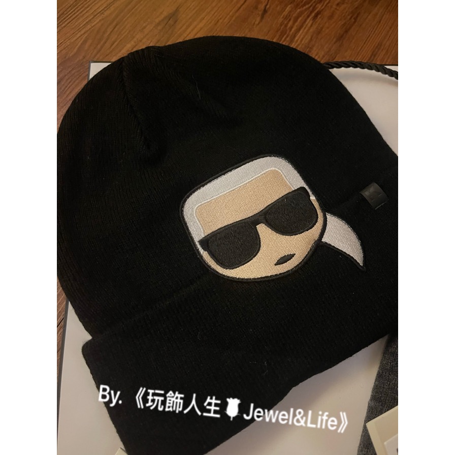 品牌系列💯KARL LAGERFELD 卡爾 經典老佛爺 立體刺繡LOGO 黑 灰 毛帽 毛線帽-細節圖5