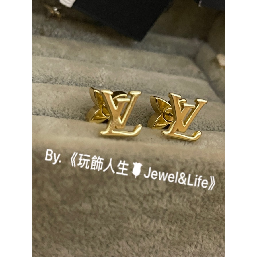 品牌系列💯Louis Vuitton LV 超美 迷你 金屬字母LOGO 金色 花卉水鑽耳扣 日常 二手 造型 耳環-細節圖2