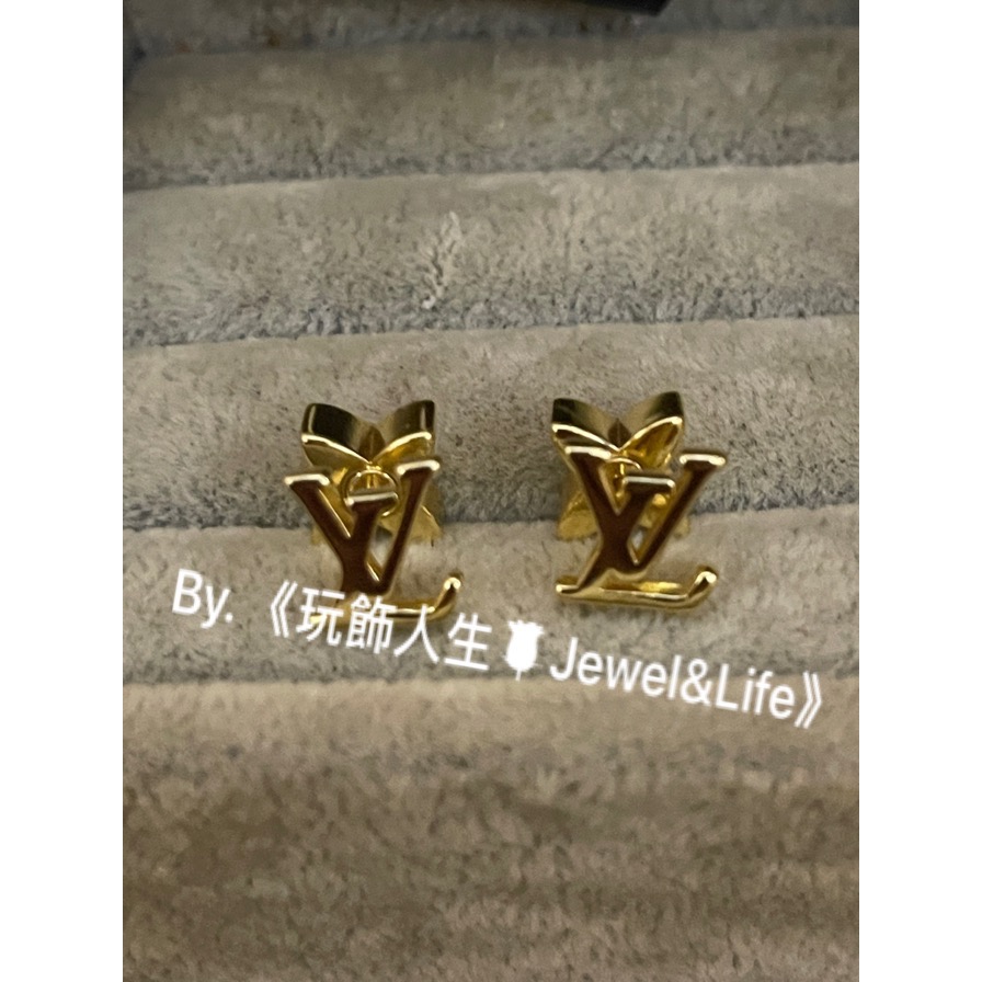 品牌系列💯Louis Vuitton LV 超美 迷你 金屬字母LOGO 金色 花卉水鑽耳扣 日常 二手 造型 耳環-細節圖3