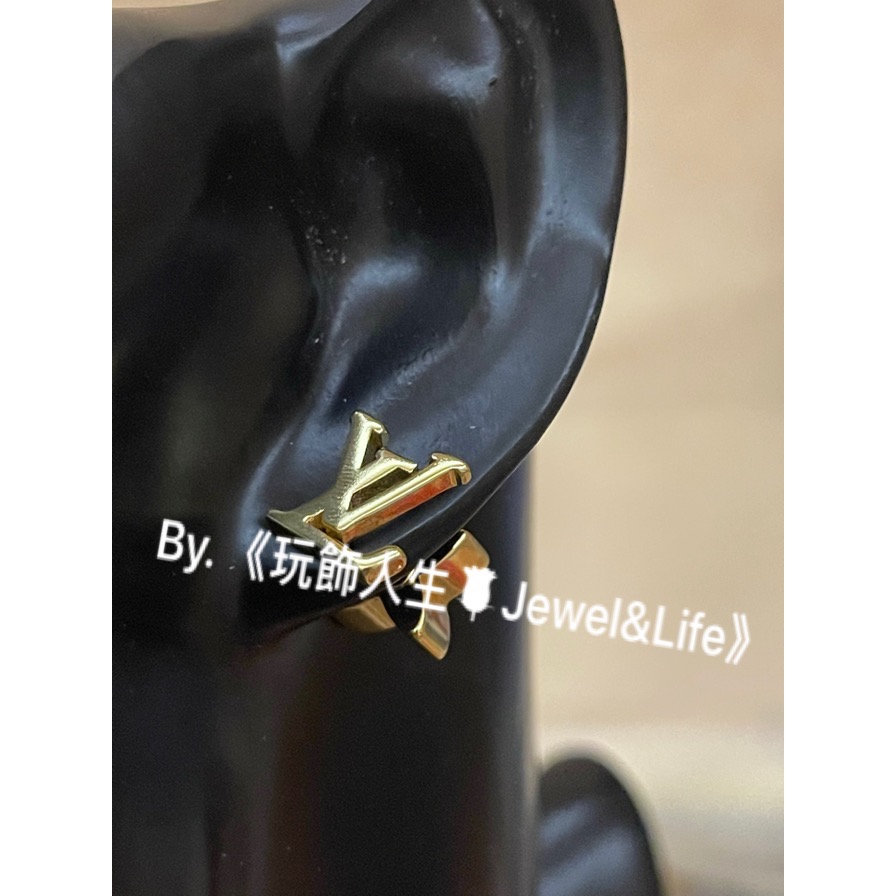 品牌系列💯Louis Vuitton LV 超美 迷你 金屬字母LOGO 金色 花卉水鑽耳扣 日常 二手 造型 耳環-細節圖4