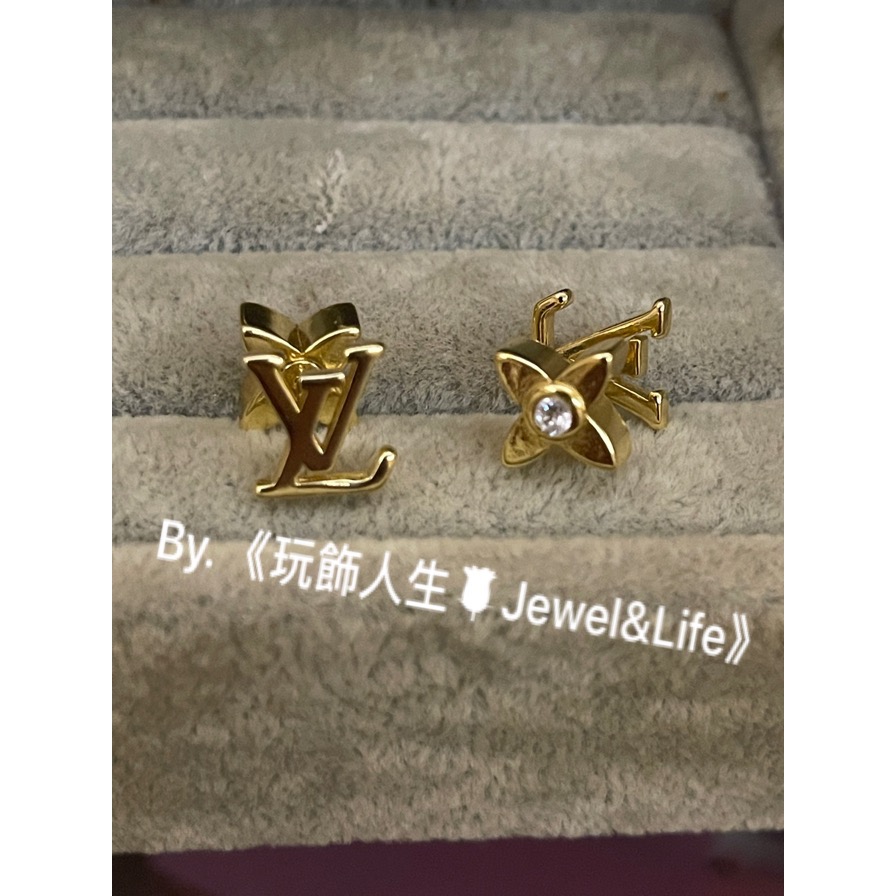 品牌系列💯Louis Vuitton LV 超美 迷你 金屬字母LOGO 金色 花卉水鑽耳扣 日常 二手 造型 耳環-細節圖6