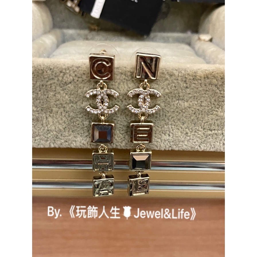 CHANEL 香奈兒 超美 小方糖系列 灰黑水晶 字母 雙C 垂墜式 二手 淡金色 造型 耳環-細節圖2