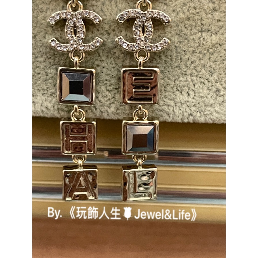 CHANEL 香奈兒 超美 小方糖系列 灰黑水晶 字母 雙C 垂墜式 二手 淡金色 造型 耳環-細節圖11