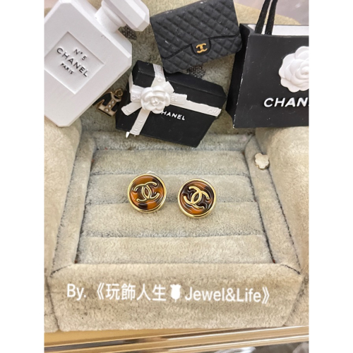 CHANEL 香奈兒 超美 迷你 琥珀 玳瑁色 立體 logo 素面 金色 圓型 造型 耳環