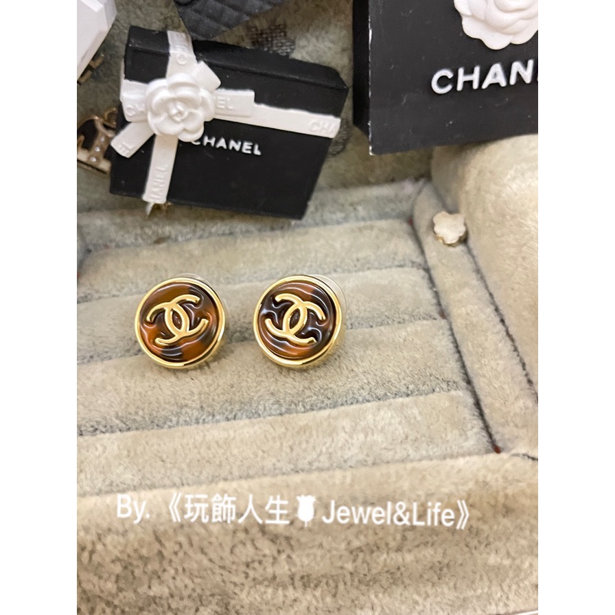 CHANEL 香奈兒 超美 迷你 琥珀 玳瑁色 立體 logo  素面 金色 圓型 造型 耳環-細節圖5