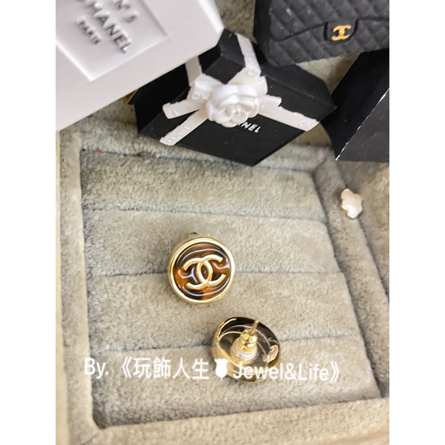 CHANEL 香奈兒 超美 迷你 琥珀 玳瑁色 立體 logo  素面 金色 圓型 造型 耳環-細節圖9