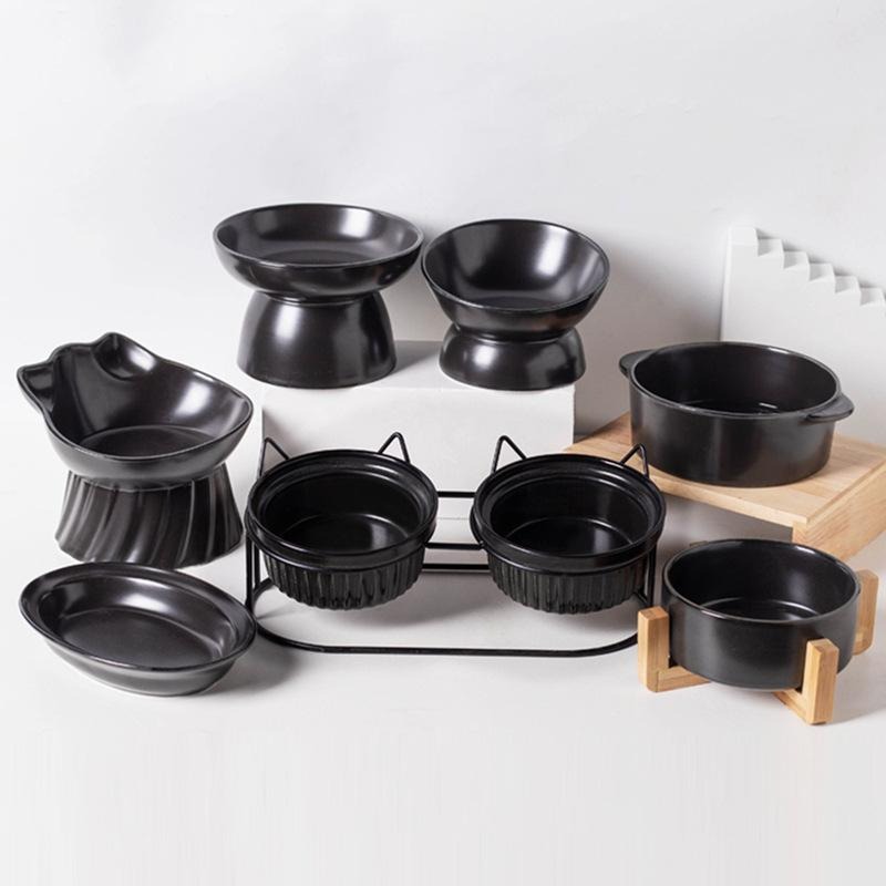陶瓷貓咪黑色水碗 黑色貓碗 碗架 餵食器 寵物碗 陶瓷碗 大口徑雙碗 保護頸椎 防打翻-細節圖2