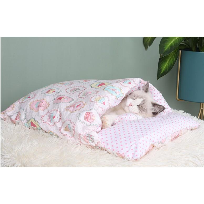 繼香蕉之後來挑戰這個日式睡袋 有進去的請拍給我瞧瞧~日式貓窩貓睡袋 半封閉式 貓床 睡墊 寵物睡袋 寵物窩 保暖 和風-細節圖3