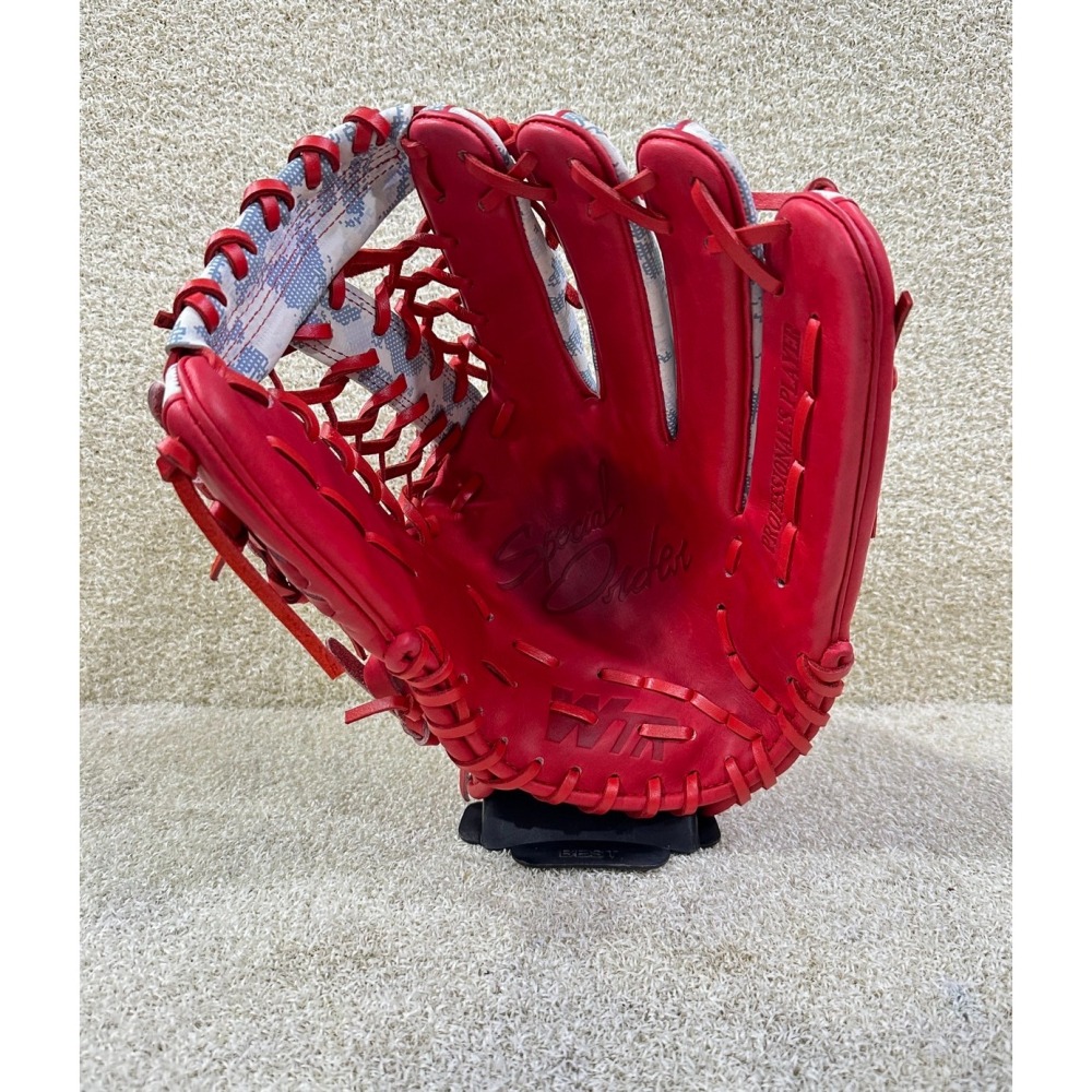= 威勝 運動用品 = WTR 硬式北美牛皮 ＂外野斜T網＂ 棒、壘球手套 (迷彩/紅)-細節圖5