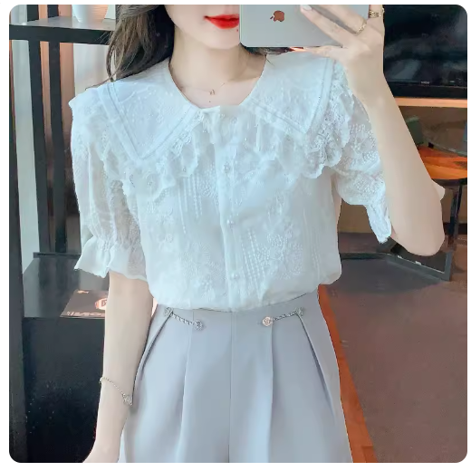 《預購款》短袖娃娃領蕾絲襯衫-細節圖2