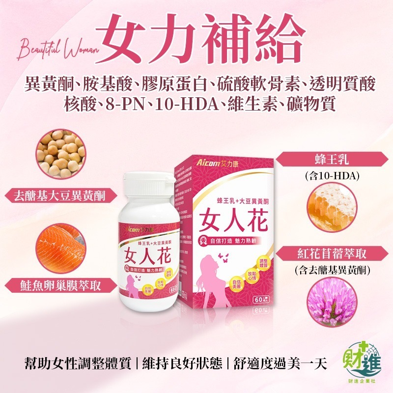艾力康女人花 大豆異黃酮 女人花 60粒 蜂王乳  洛神花 女生 女性荷爾蒙 艾力康 更年期-細節圖2