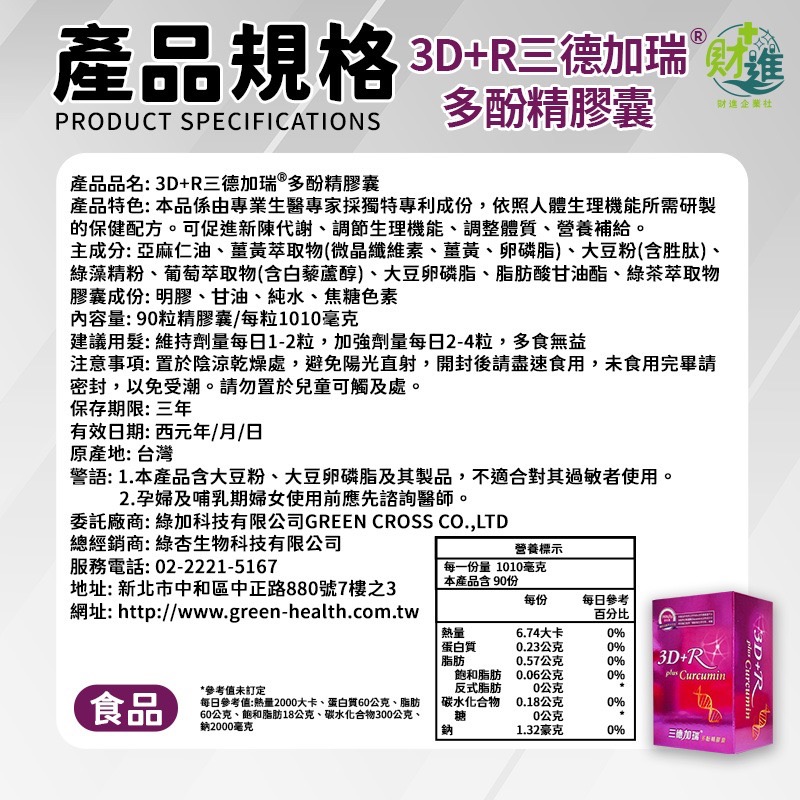 3D+R三德加瑞多酚精膠囊 三德加瑞 90粒  薑黃膠囊 葡萄 白藜蘆醇 大豆 大豆胜肽 綠杏-細節圖9