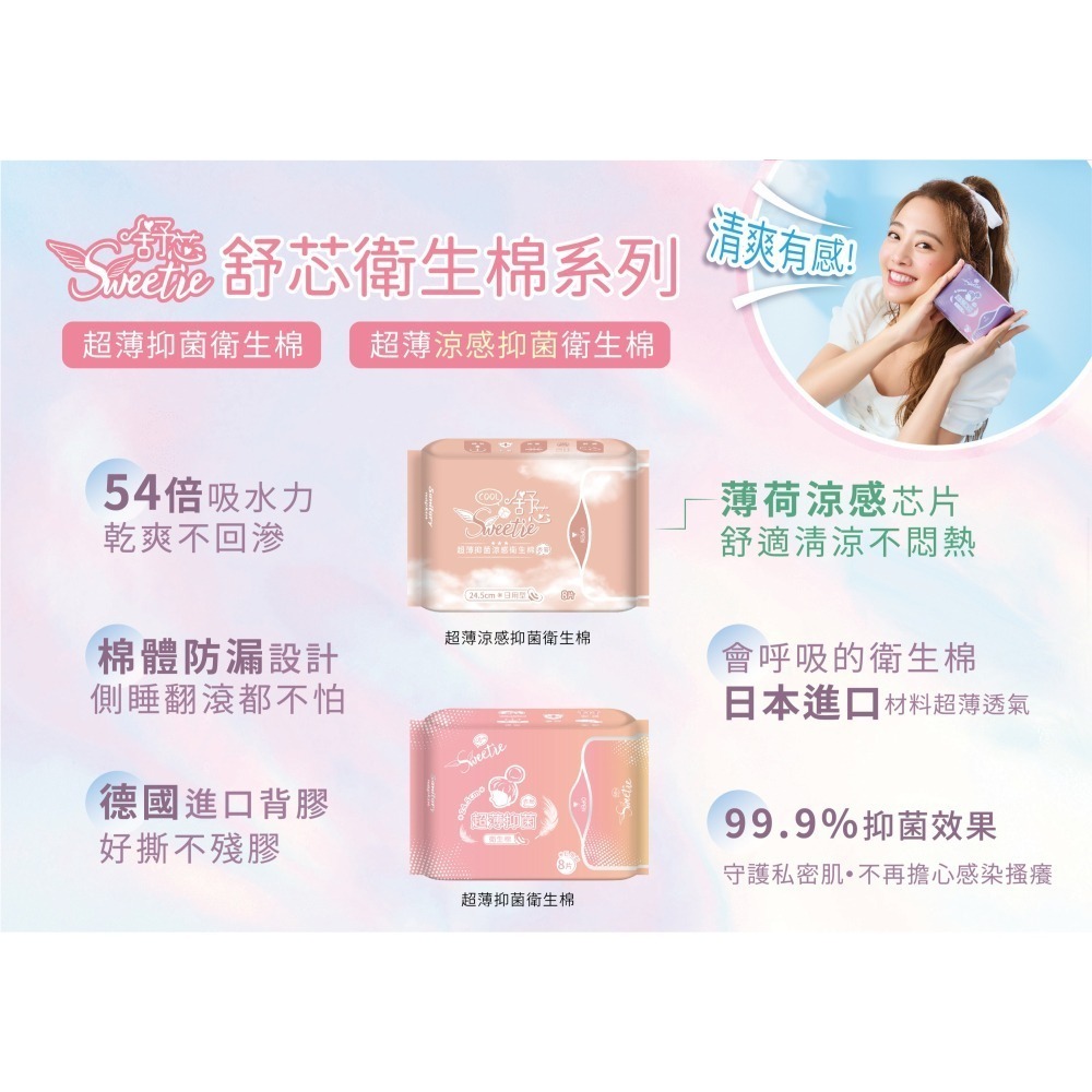 【舒芯Sweetie】涼感衛生棉 4包 日本吸水層 抑菌 吳映潔推薦 日用 夜用加長 夜用衛生棉 防漏 輕薄 透氣-細節圖2