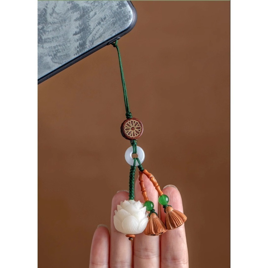 手機掛飾 鑰匙釦掛飾二款 菩提根莲花+桃木莲蓬可爱精緻 手機鍊小吊墜 USB防丟掛飾 男女適用-細節圖3
