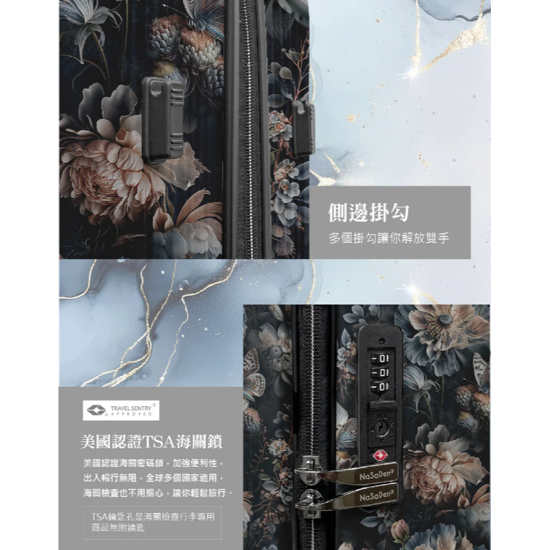 德國NaSaDen納莎登萊茵系列前開行李箱 【花鳥-藍】 拉鍊行李箱 25吋/29吋-細節圖8