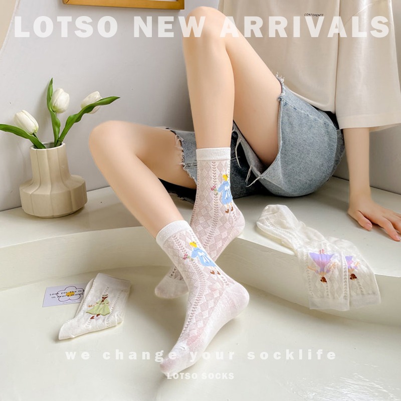 LOTSO SOCKS 日系可愛公主鏤空中筒襪 女襪 薄款網眼襪 白色系 襪子 穿搭 LM068-細節圖4