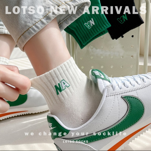 LOTSO SOCKS 日系NA字母刺繡短襪 女襪 綠色系 運動襪 穿搭 LM058