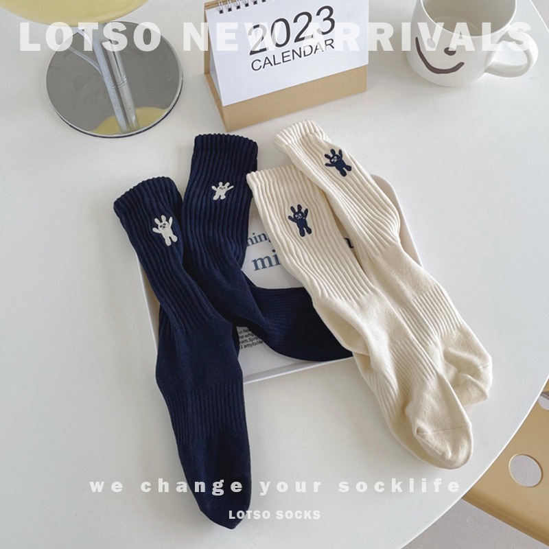 LOTSO SOCKS 日系刺繡招手兔中筒襪 堆堆襪 條紋襪 女襪 襪子 穿搭 LM076-細節圖6