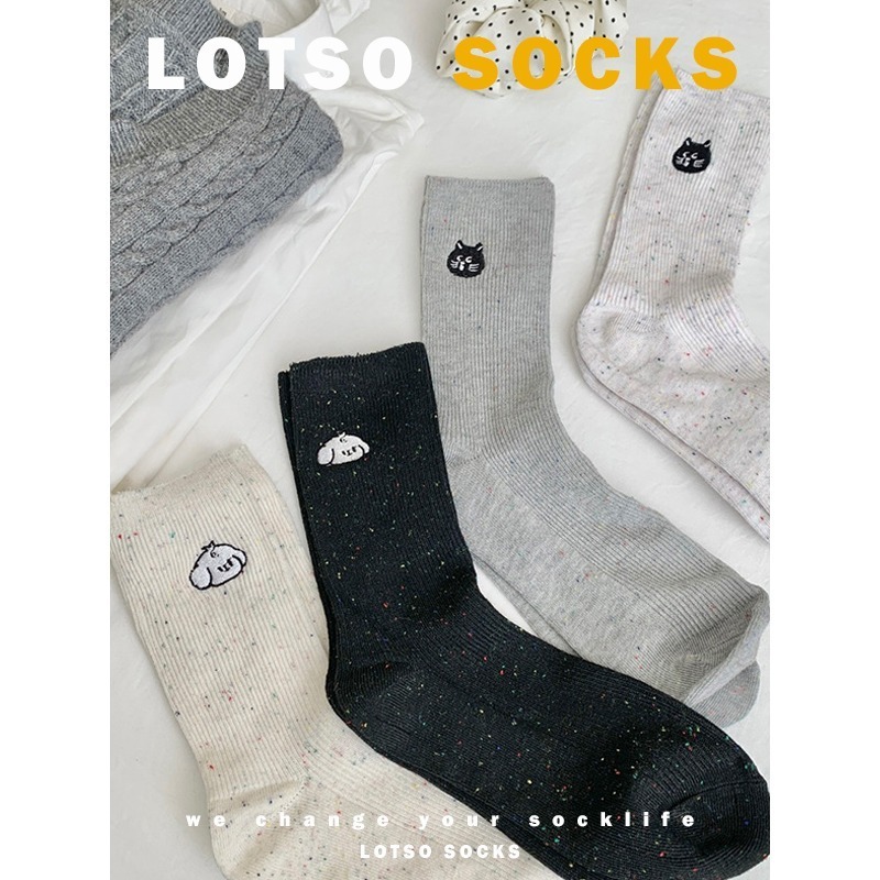 LOTSO SOCKS 日系可愛貓貓狗狗 點紗刺繡中筒襪 堆堆襪 女襪 襪子 穿搭 #LE001-細節圖6