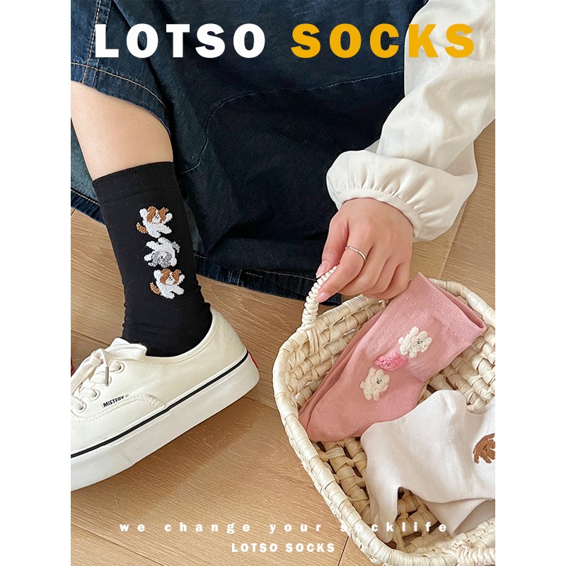 LOTSO SOCKS 日系可愛卡通小熊中筒襪 三隻熊熊 植絨 動物襪 女襪 襪子 穿搭 #LE005-細節圖4