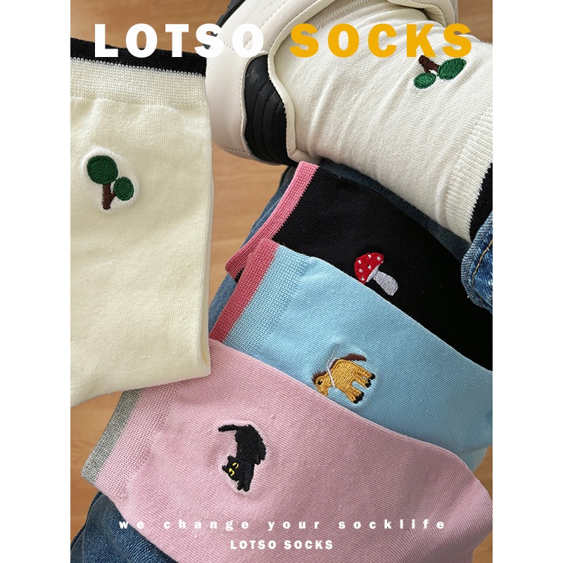 LOTSO SOCKS 日系卡通刺繡撞色中筒襪 可愛貓咪 女襪 襪子 穿搭 #LE006-細節圖3