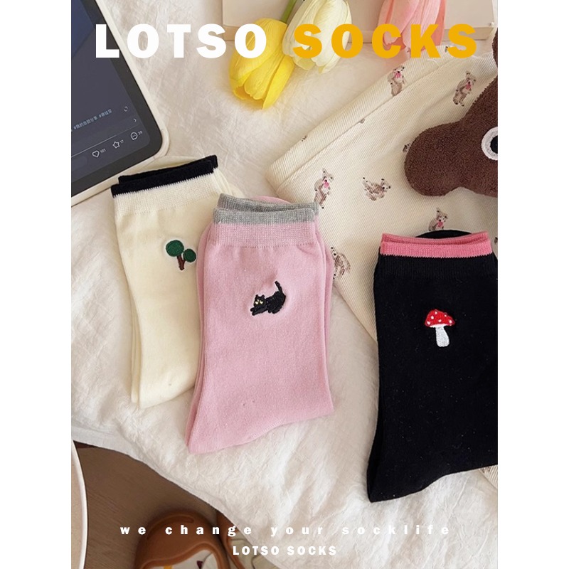 LOTSO SOCKS 日系卡通刺繡撞色中筒襪 可愛貓咪 女襪 襪子 穿搭 #LE006-細節圖7