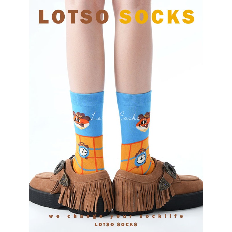 日系可愛牛仔狐中筒襪 卡通插畫-細節圖2