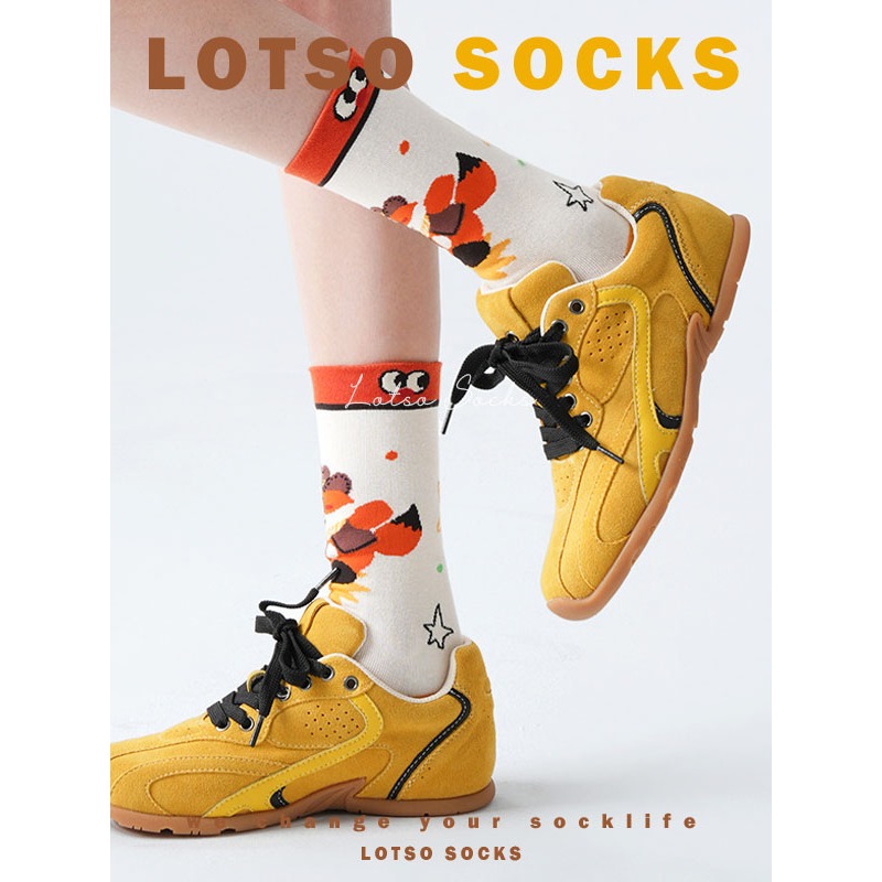 日系可愛牛仔狐中筒襪 卡通插畫-細節圖3