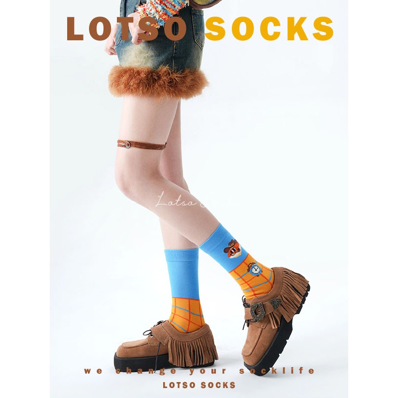 日系可愛牛仔狐中筒襪 卡通插畫-細節圖5