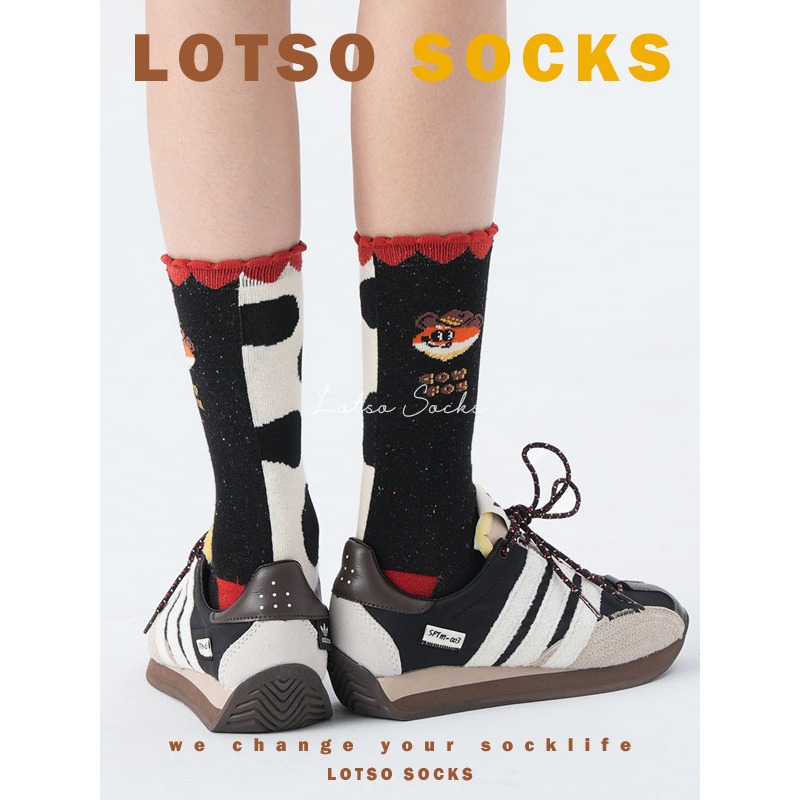 日系可愛牛仔狐中筒襪 卡通插畫-細節圖7