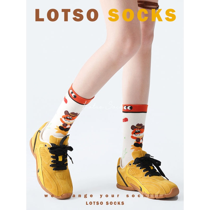 日系可愛牛仔狐中筒襪 卡通插畫-細節圖8