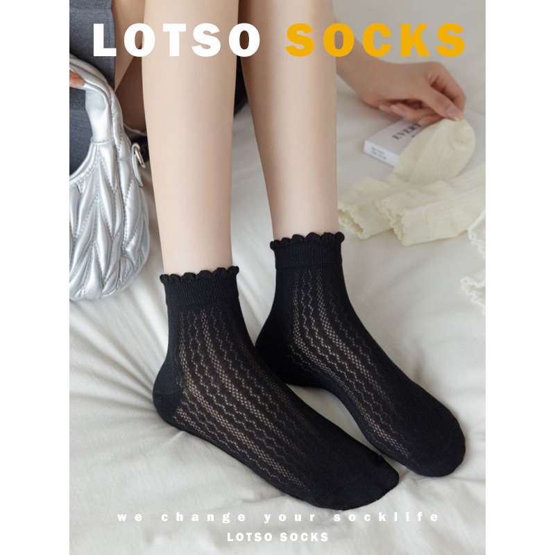 日系花邊網眼短襪 鏤空透氣薄款 純色系短襪 木耳花邊襪 女襪 襪子 穿搭 #LM119-細節圖4