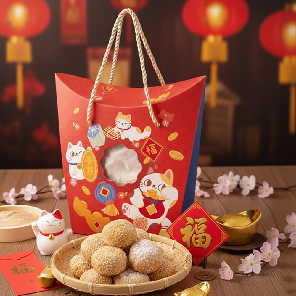 【柚子烘焙食品】開窗元寶盒 手提紙盒 糖果盒 手提盒 新年包裝 牛軋糖包裝 包裝盒手提糖果盒 手提包裝盒 新年禮盒-細節圖2