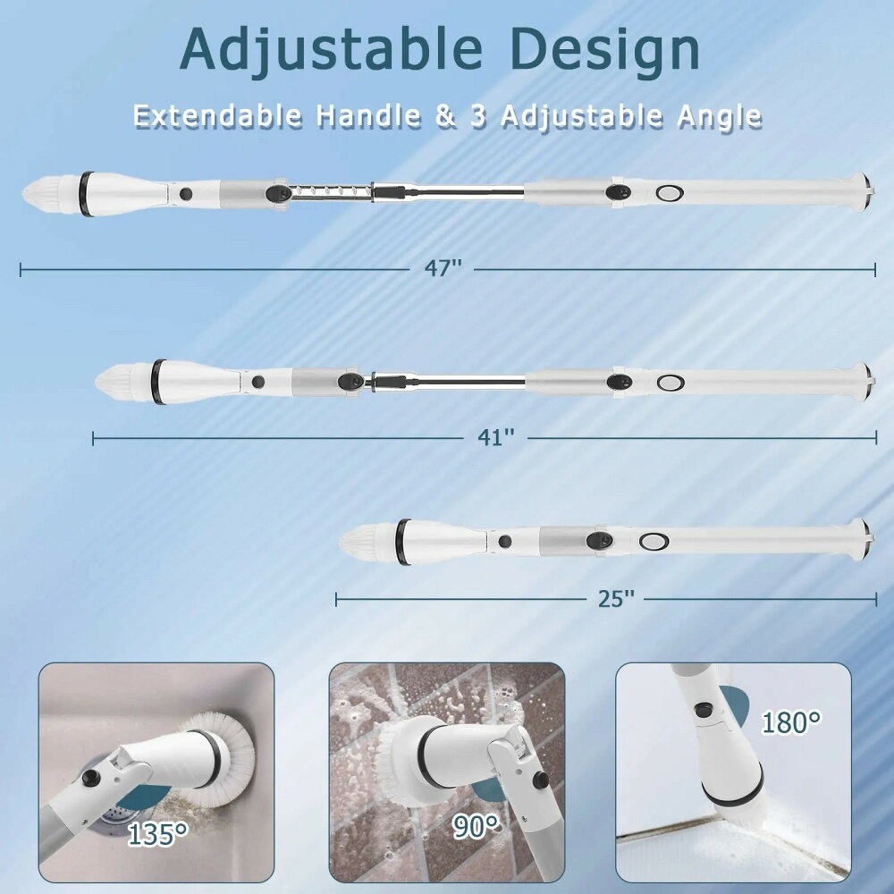 浴缸拋光機無線電動清掃刷充電式角度調節長度可調節卡組刷浴室清潔刷子IPX6防水手持式大容量電池手持式四個替換刷子-細節圖5
