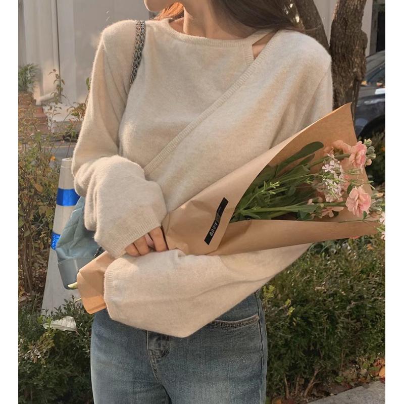 設計感假兩件式小露鎖骨斜釦針織長袖上衣-細節圖2