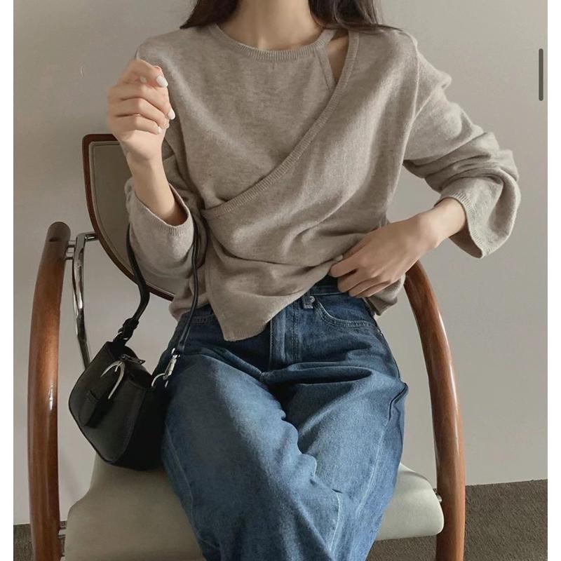 設計感假兩件式小露鎖骨斜釦針織長袖上衣-細節圖3