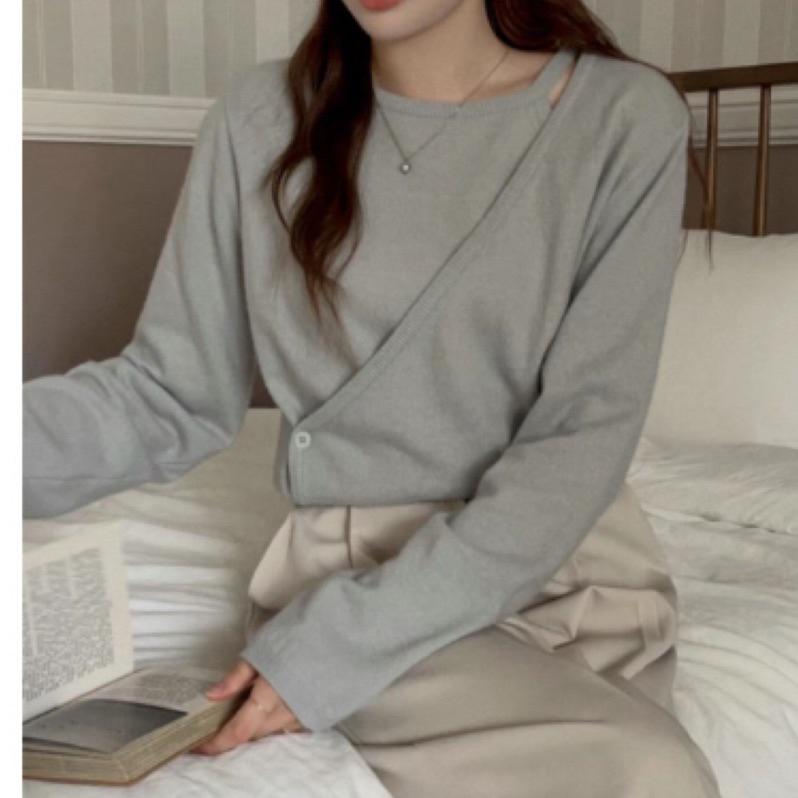 設計感假兩件式小露鎖骨斜釦針織長袖上衣-細節圖4