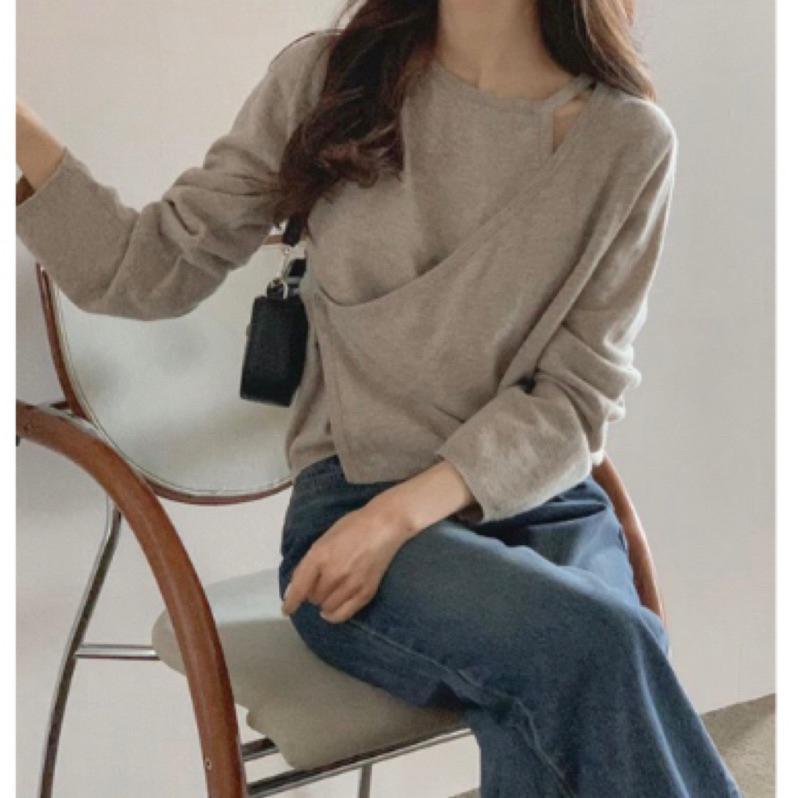 設計感假兩件式小露鎖骨斜釦針織長袖上衣-細節圖7