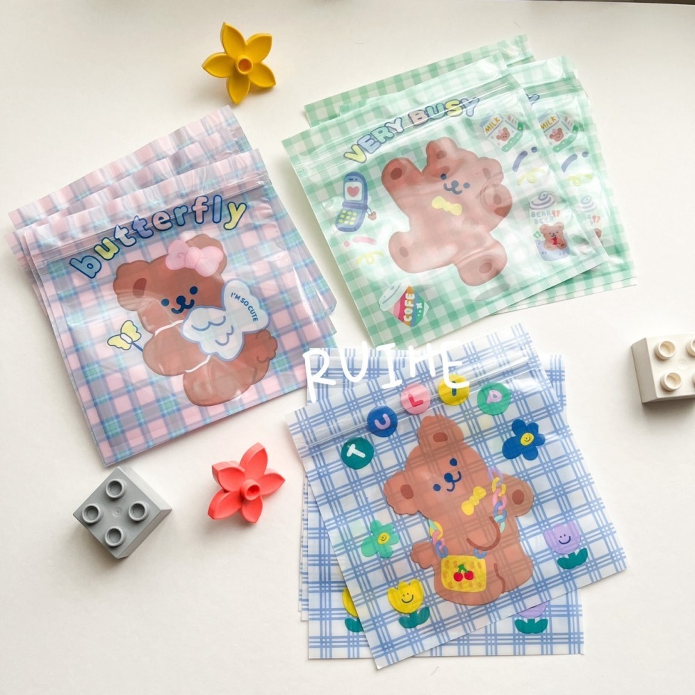 ✨台灣現貨✨格子小熊夾鏈袋 自封袋 禮物袋 收納袋 創意可愛小熊 零食密封袋 少女心食品餅乾糖果袋 小號雜物包裝整理袋-細節圖4