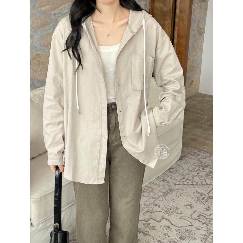 奈看服飾/韓國同步質感在線 可鹽可甜連帽襯衫外套 男友風寬鬆版外套 襯衫 連帽 外套-細節圖2