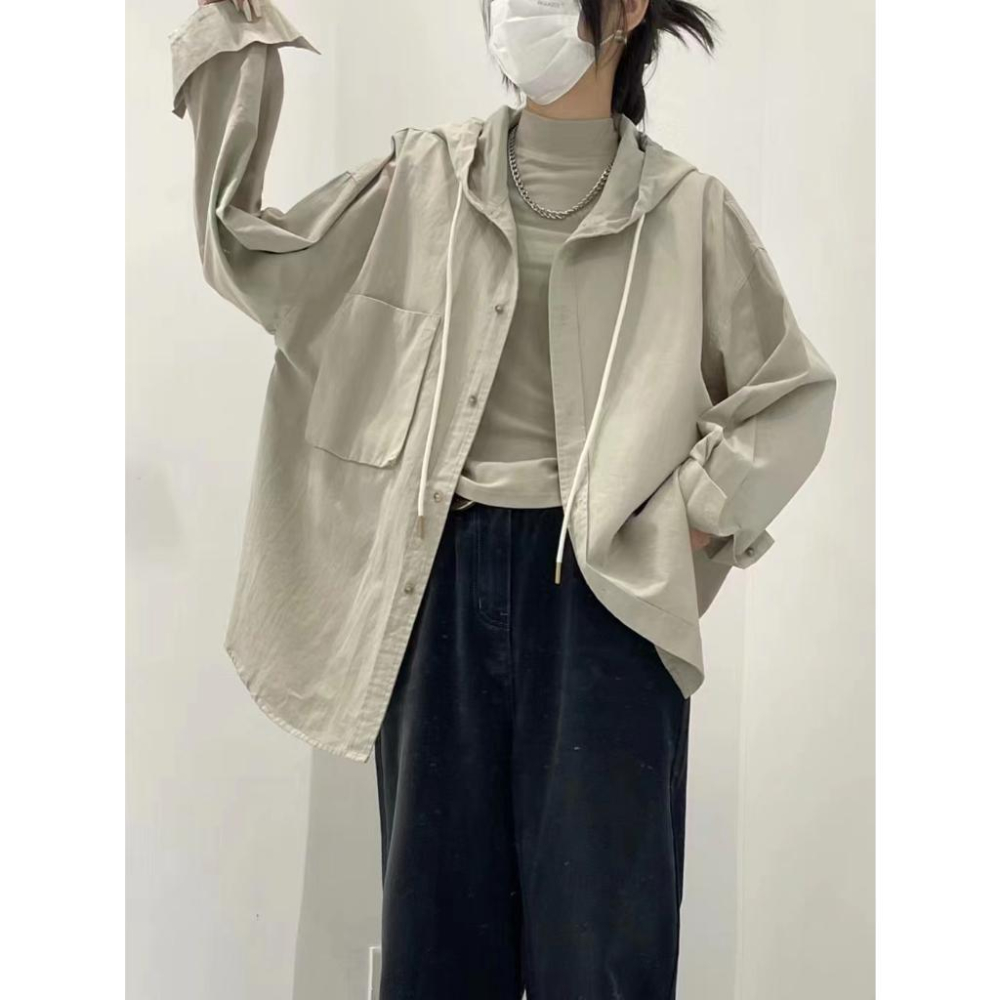 奈看服飾/韓國同步質感在線 可鹽可甜連帽襯衫外套 男友風寬鬆版外套 襯衫 連帽 外套-細節圖3