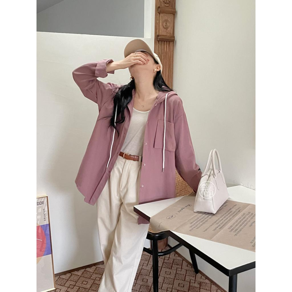 奈看服飾/韓國同步質感在線 可鹽可甜連帽襯衫外套 男友風寬鬆版外套 襯衫 連帽 外套-細節圖5