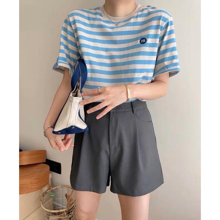 奈看服飾/100%棉 刺繡M字母baby藍條紋寬鬆Tee 短袖/T恤 上衣-細節圖7