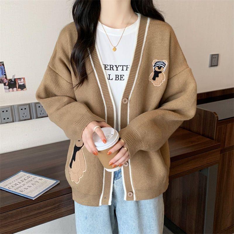 奈看服飾/韓系可愛熊熊厚實寬鬆撞色毛衣外套 保暖有厚度顯瘦版-細節圖3