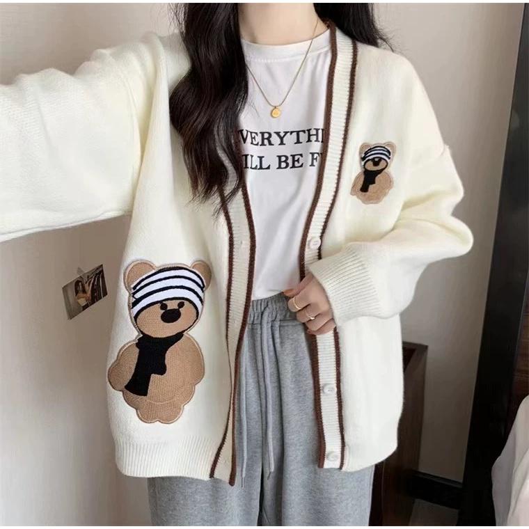 奈看服飾/韓系可愛熊熊厚實寬鬆撞色毛衣外套 保暖有厚度顯瘦版-細節圖4