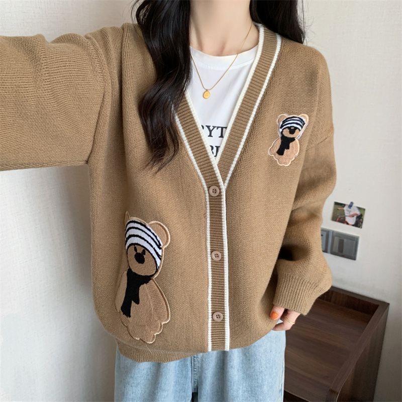 奈看服飾/韓系可愛熊熊厚實寬鬆撞色毛衣外套 保暖有厚度顯瘦版-細節圖6