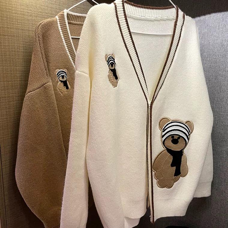 奈看服飾/韓系可愛熊熊厚實寬鬆撞色毛衣外套 保暖有厚度顯瘦版-細節圖7