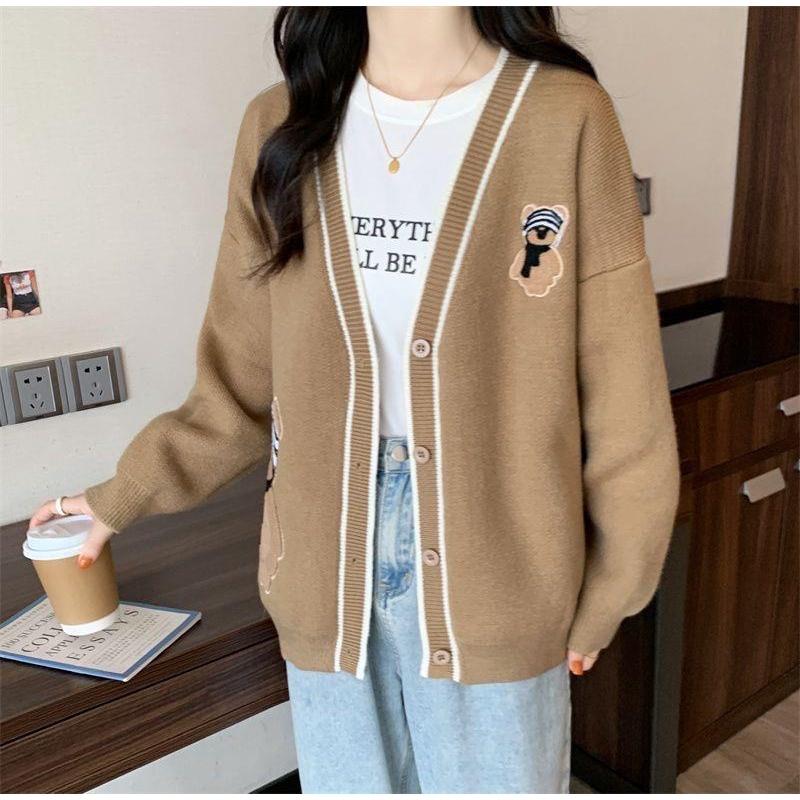 奈看服飾/韓系可愛熊熊厚實寬鬆撞色毛衣外套 保暖有厚度顯瘦版-細節圖9