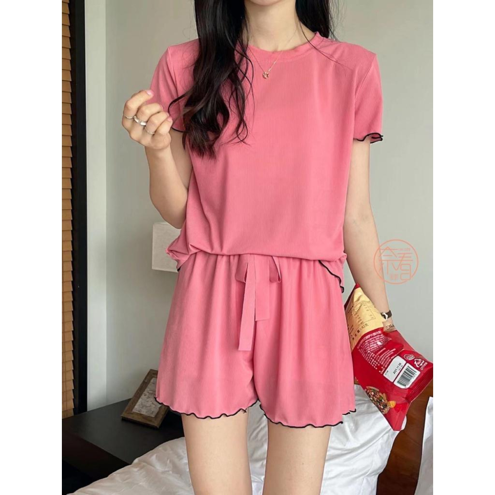 奈看服飾/現貨~二件組滾邊甜美薄款冰絲套裝睡衣/居家服-細節圖2