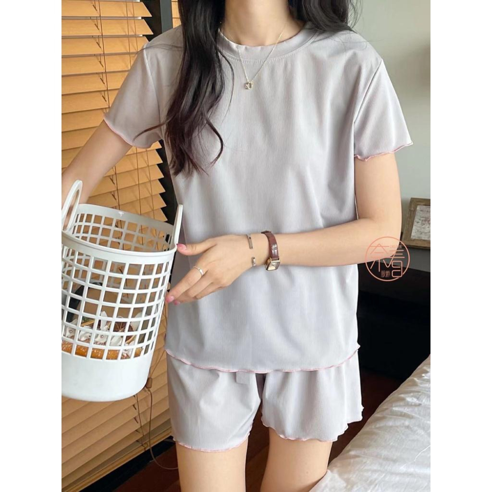 奈看服飾/現貨~二件組滾邊甜美薄款冰絲套裝睡衣/居家服-細節圖6